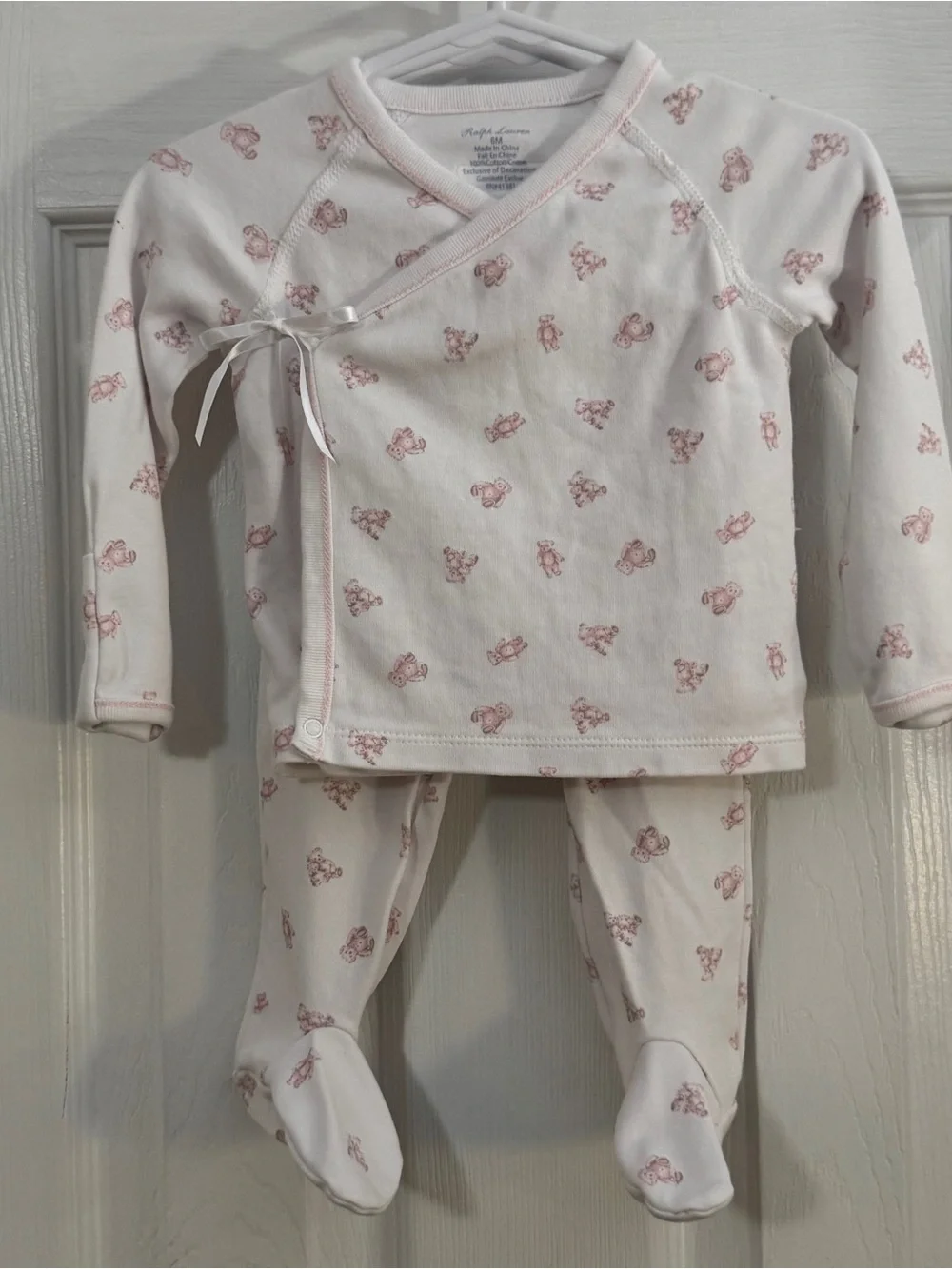 Ralph Lauren Baby Girl White and Pink Teddy Bear Two Piece Kimono Pajama Set